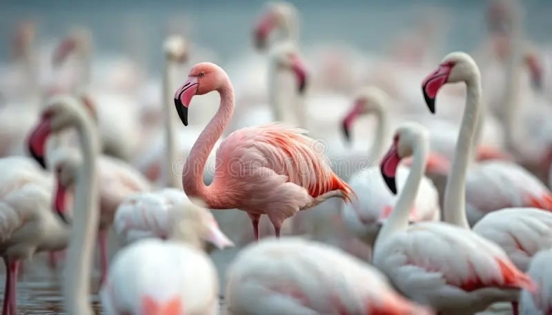 one pink flamingo surrounded by white flamingos
